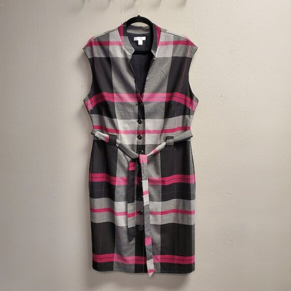 New York & Company Dress Womens 14 Plaid Sleeveless Belted Button Front - Picture 1 of 11